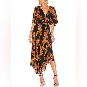 A.L.C 100% Silk Avi Wrap Dress Floral Black Ochre Sz 12 Flowy VNeck Maxi Revolve